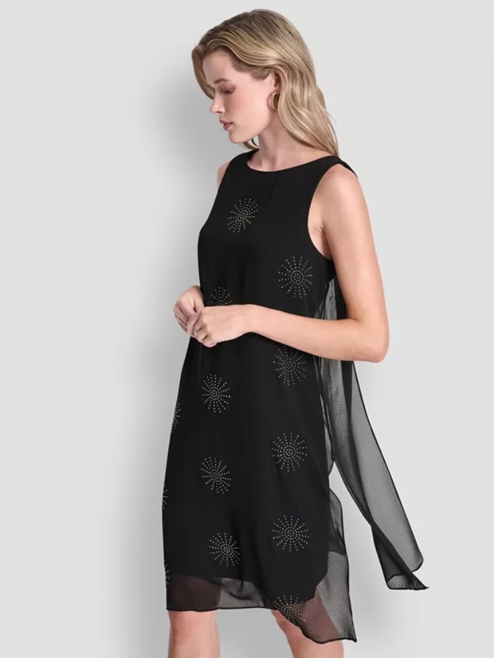 DKNY Black Shift Dress Chiffon Overlay Rhinestone Starburst - SIZE SIX